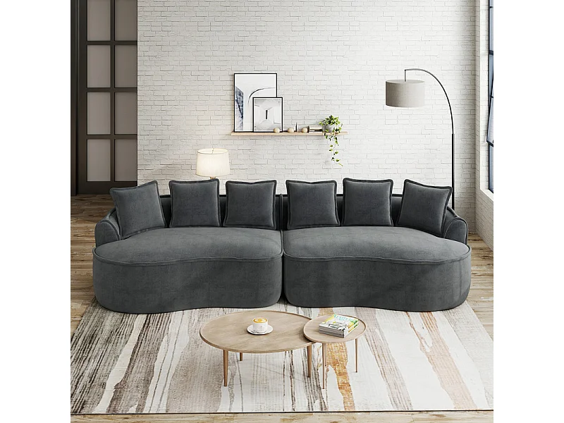 Canapé 4 places modulable en tissu chenille, avec 6 coussins, 63cm assise profonde, 320x114x67cm, Gris