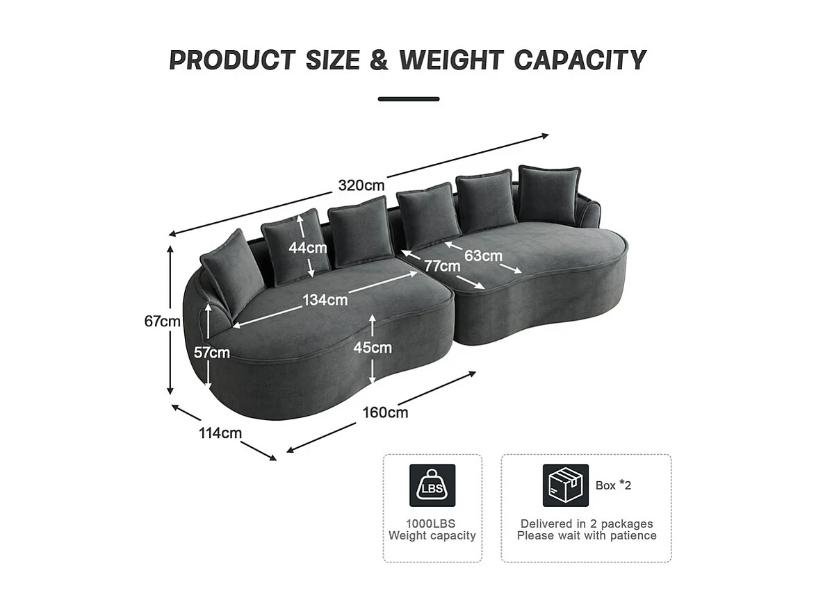 Canapé 4 places modulable en tissu chenille, avec 6 coussins, 63cm assise profonde, 320x114x67cm, Gris