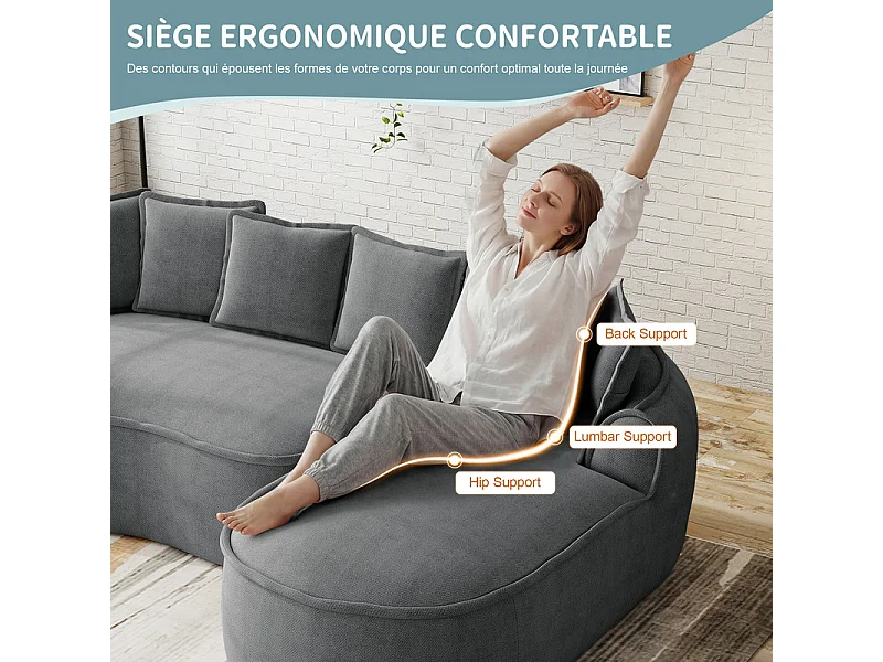 Canapé 4 places modulable en tissu chenille, avec 6 coussins, 63cm assise profonde, 320x114x67cm, Gris