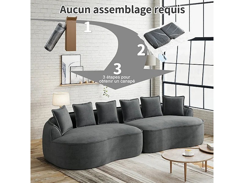 Canapé 4 places modulable en tissu chenille, avec 6 coussins, 63cm assise profonde, 320x114x67cm, Gris