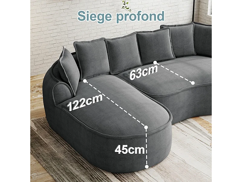 Canapé 4 places modulable en tissu chenille, avec 6 coussins, 63cm assise profonde, 320x114x67cm, Gris