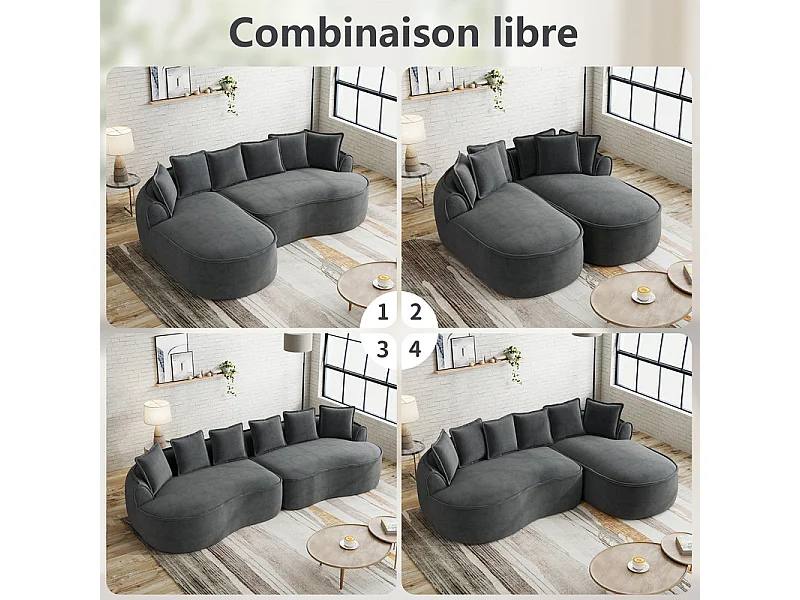 Canapé 4 places modulable en tissu chenille, avec 6 coussins, 63cm assise profonde, 320x114x67cm, Gris
