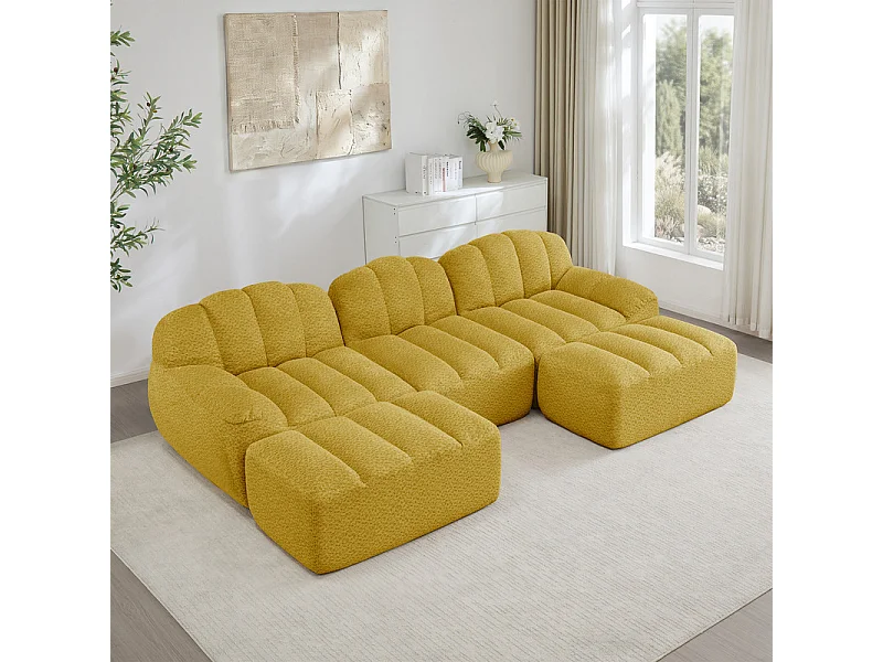 Canapé 3 places d'angle modulable, avec 2 pouf, en velours côtelé, 288x165x79cm, Jaune