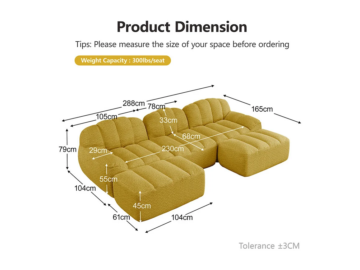 Canapé 3 places d'angle modulable, avec 2 pouf, en velours côtelé, 288x165x79cm, Jaune