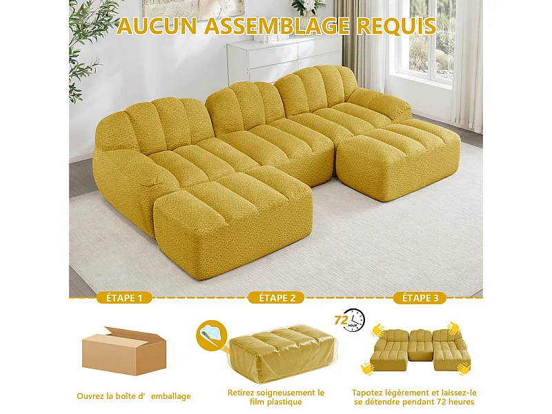 Canapé 3 places d'angle modulable, avec 2 pouf, en velours côtelé, 288x165x79cm, Jaune