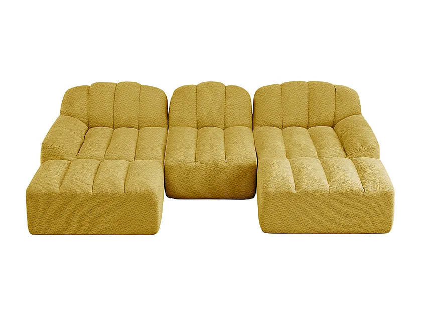 Canapé 3 places d'angle modulable, avec 2 pouf, en velours côtelé, 288x165x79cm, Jaune