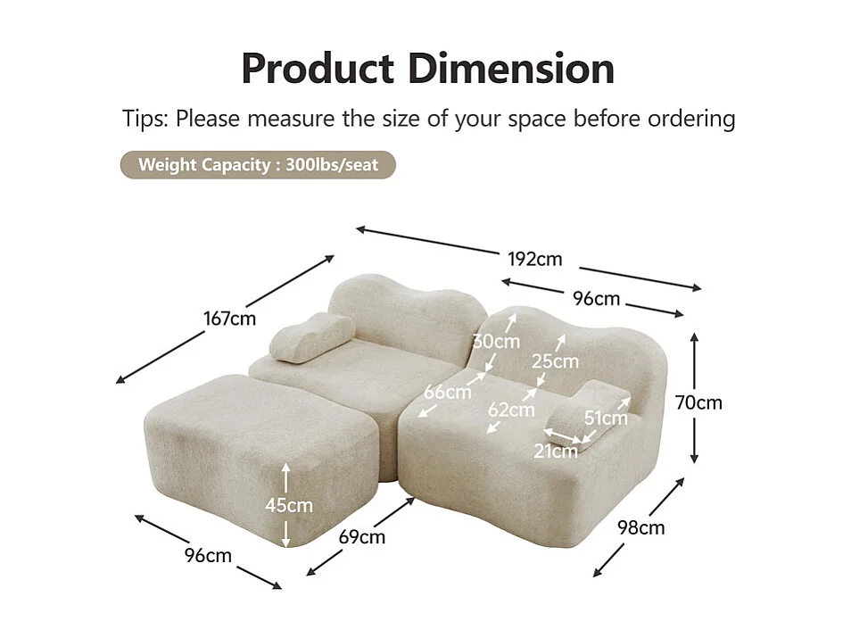 Canapé d'angle modulable en velours, avec pouf et coussin d'accoudoir mobile, 192x167x70cm, Beige