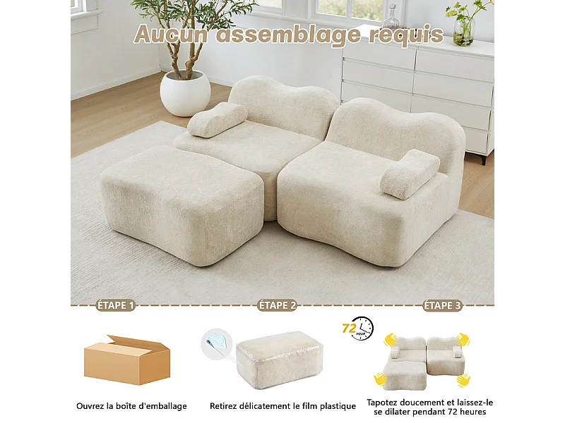 Canapé d'angle modulable en velours, avec pouf et coussin d'accoudoir mobile, 192x167x70cm, Beige