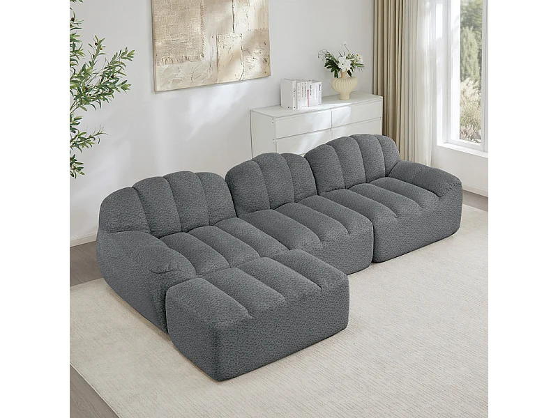 Canapé 3 places modulable en forme de L - avec pouf - velours côtelé - 288x165x79cm - Gris