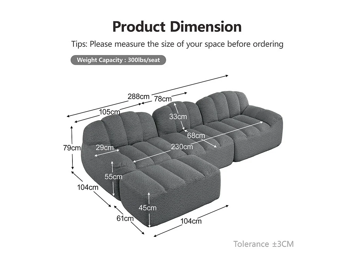 Canapé 3 places modulable en forme de L - avec pouf - velours côtelé - 288x165x79cm - Gris