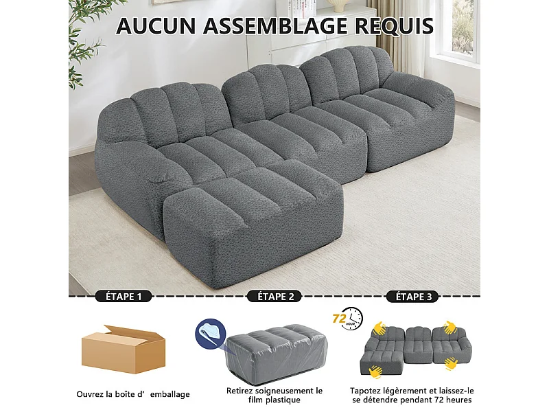 Canapé 3 places modulable en forme de L - avec pouf - velours côtelé - 288x165x79cm - Gris
