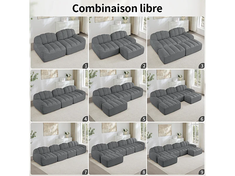 Canapé 3 places modulable en forme de L - avec pouf - velours côtelé - 288x165x79cm - Gris