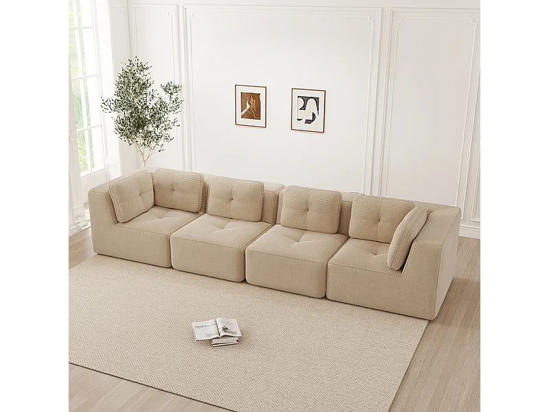 4-zits modulaire bank, met 6 kussens, van geribbeld fluweel, 386x104x69cm, beige