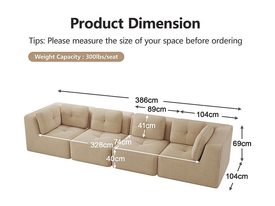 4-zits modulaire bank, met 6 kussens, van geribbeld fluweel, 386x104x69cm, beige
