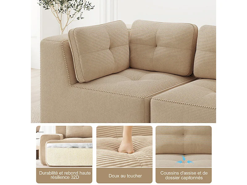 4-zits modulaire bank, met 6 kussens, van geribbeld fluweel, 386x104x69cm, beige
