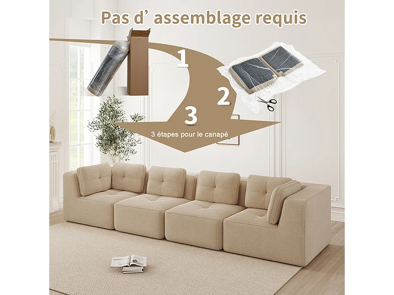 4-zits modulaire bank, met 6 kussens, van geribbeld fluweel, 386x104x69cm, beige