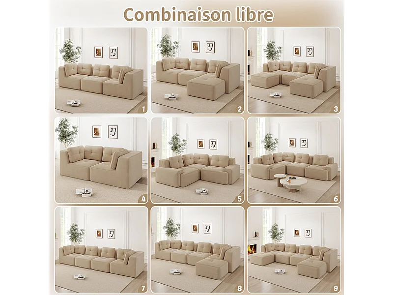 4-zits modulaire bank, met 6 kussens, van geribbeld fluweel, 386x104x69cm, beige