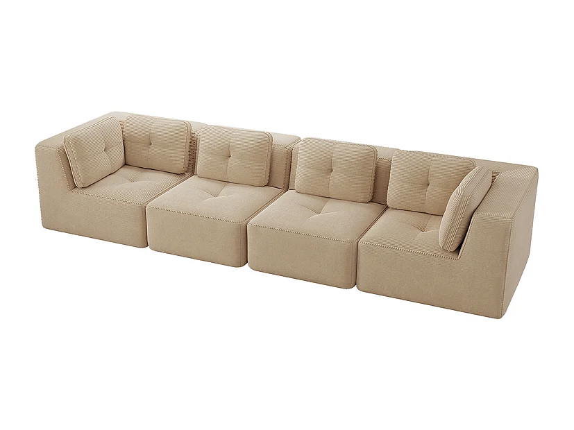 4-zits modulaire bank, met 6 kussens, van geribbeld fluweel, 386x104x69cm, beige