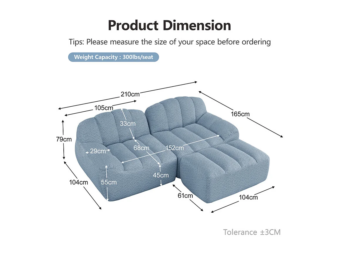 Canapé d'angle modulable en velours côtelé - 68cm d'assise profonds - 210x165x79cm - Bleu