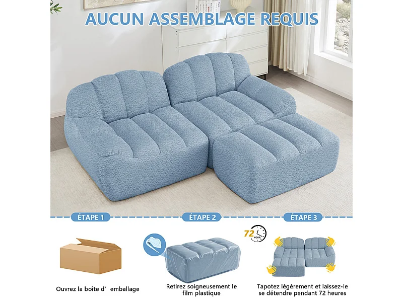 Canapé d'angle modulable en velours côtelé - 68cm d'assise profonds - 210x165x79cm - Bleu