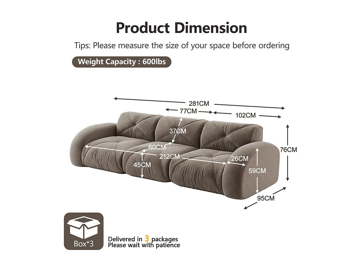 Canapé 3 places modulable en tissu chenille, 281x95x76cm, Marron