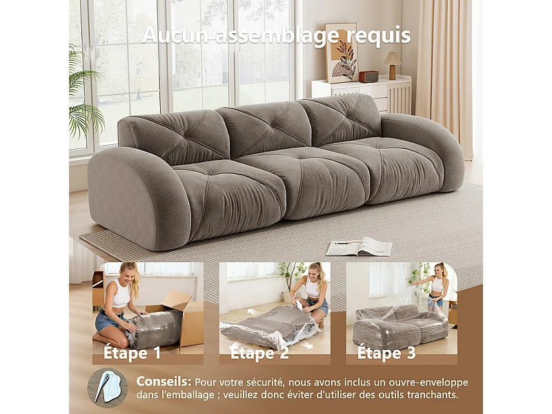 Canapé 3 places modulable en tissu chenille, 281x95x76cm, Marron