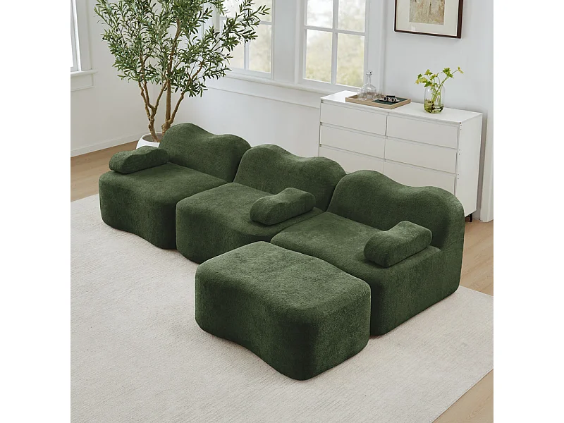 Canapé d'angle modulable en velours, avec pouf et coussin d'accoudoir, 288x167x70cm, Vert