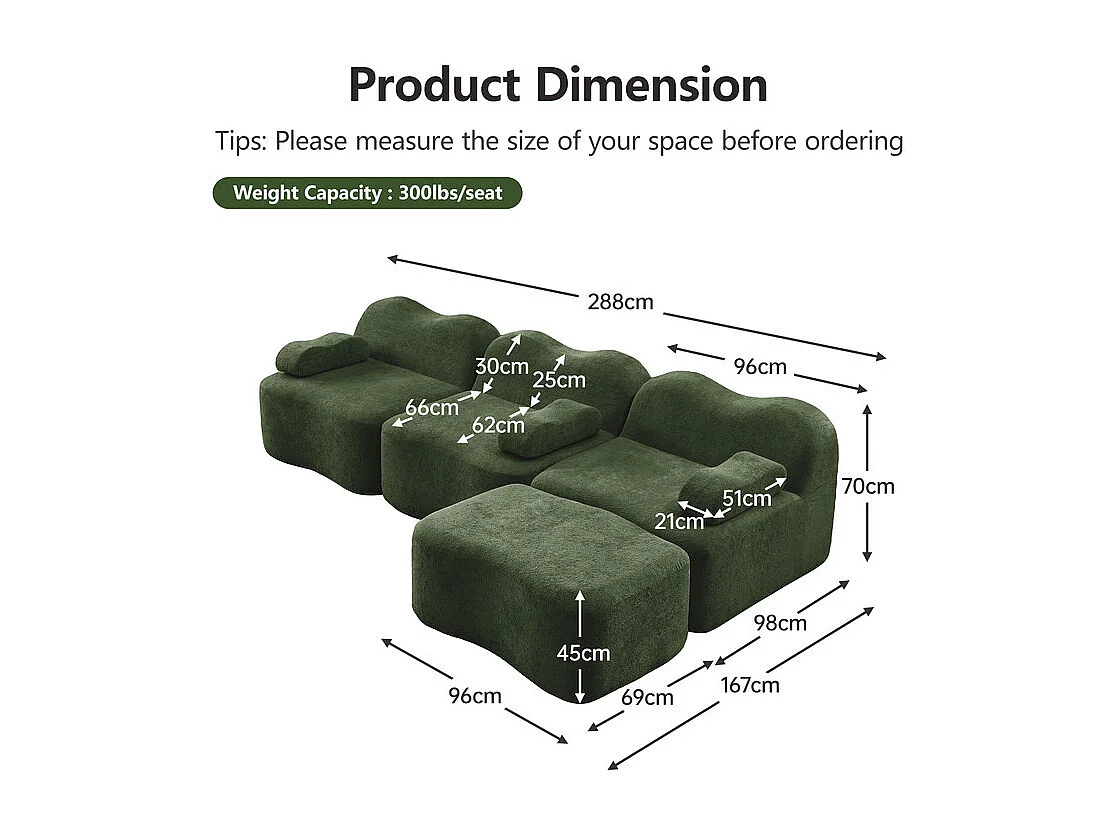 Canapé d'angle modulable en velours, avec pouf et coussin d'accoudoir, 288x167x70cm, Vert