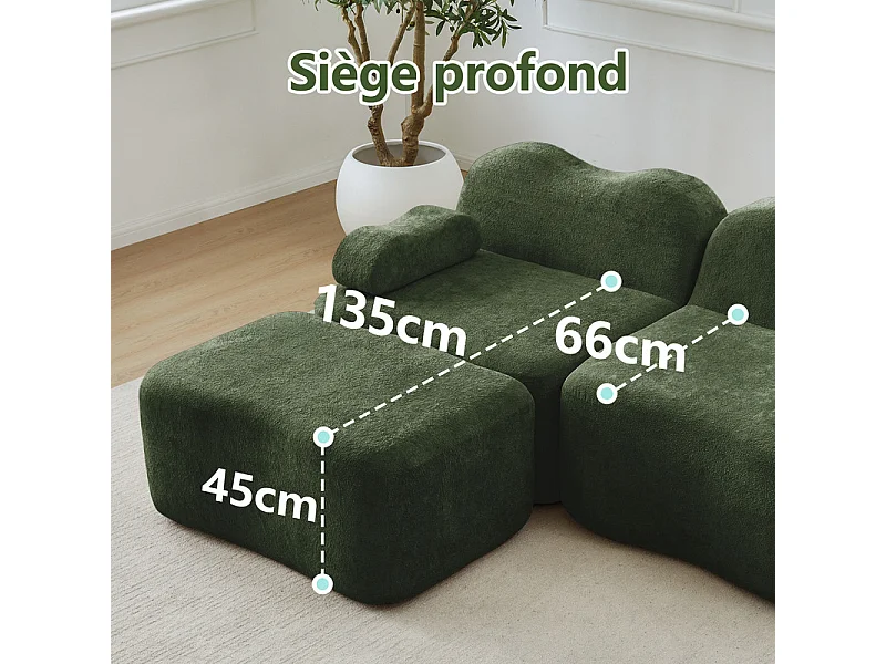 Canapé d'angle modulable en velours, avec pouf et coussin d'accoudoir, 288x167x70cm, Vert