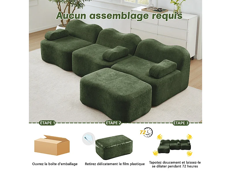 Canapé d'angle modulable en velours, avec pouf et coussin d'accoudoir, 288x167x70cm, Vert