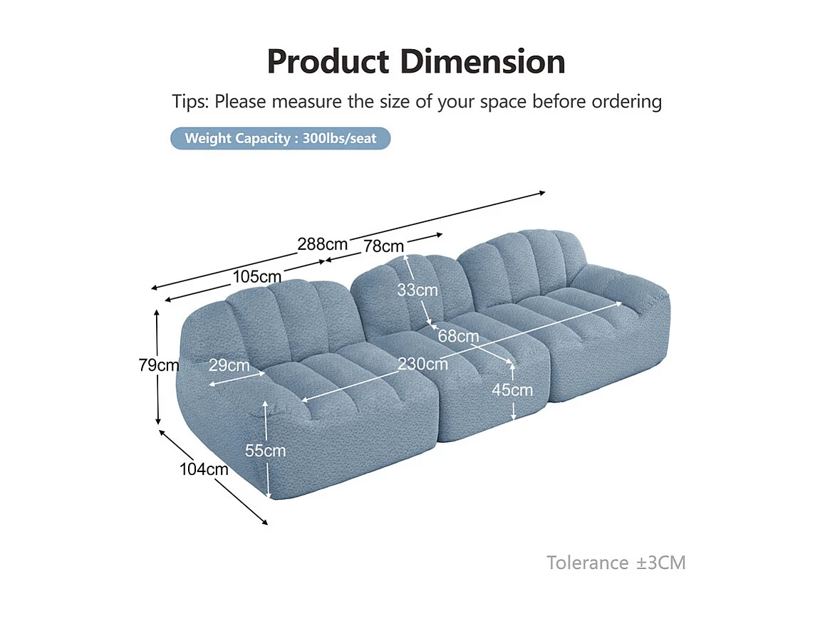 Canapé modulable en forme de coque - 3 places - velours côtelé - 288x104x79cm - Bleu