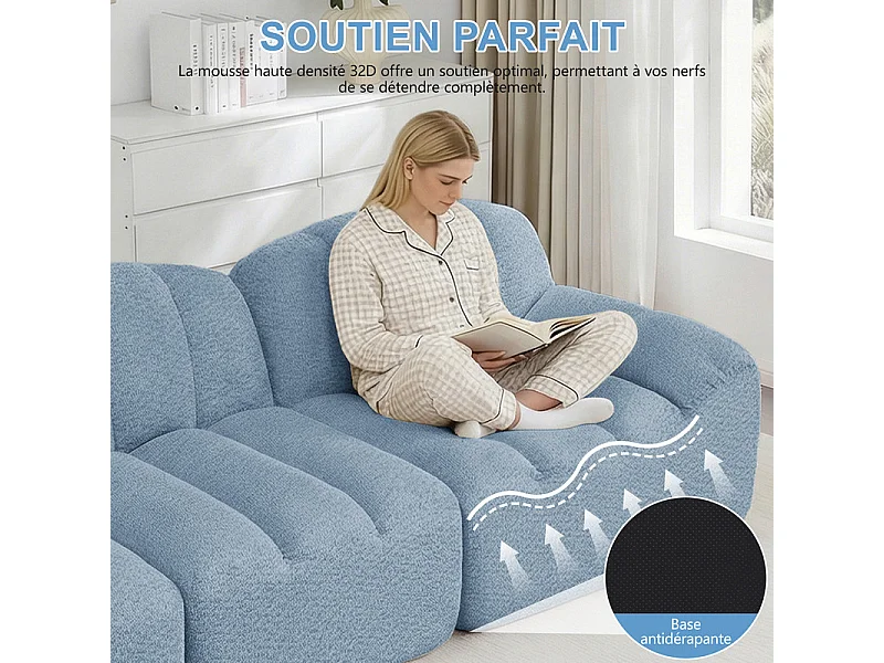 Canapé modulable en forme de coque - 3 places - velours côtelé - 288x104x79cm - Bleu