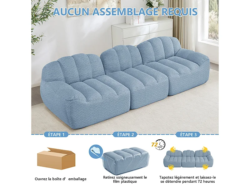 Canapé modulable en forme de coque - 3 places - velours côtelé - 288x104x79cm - Bleu