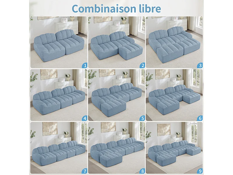 Canapé modulable en forme de coque - 3 places - velours côtelé - 288x104x79cm - Bleu