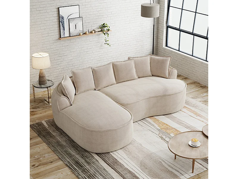 Canapé d'angle gauche modulable en tissu chenille, avec méridienne et coussins, 252x164x67cm, Beige