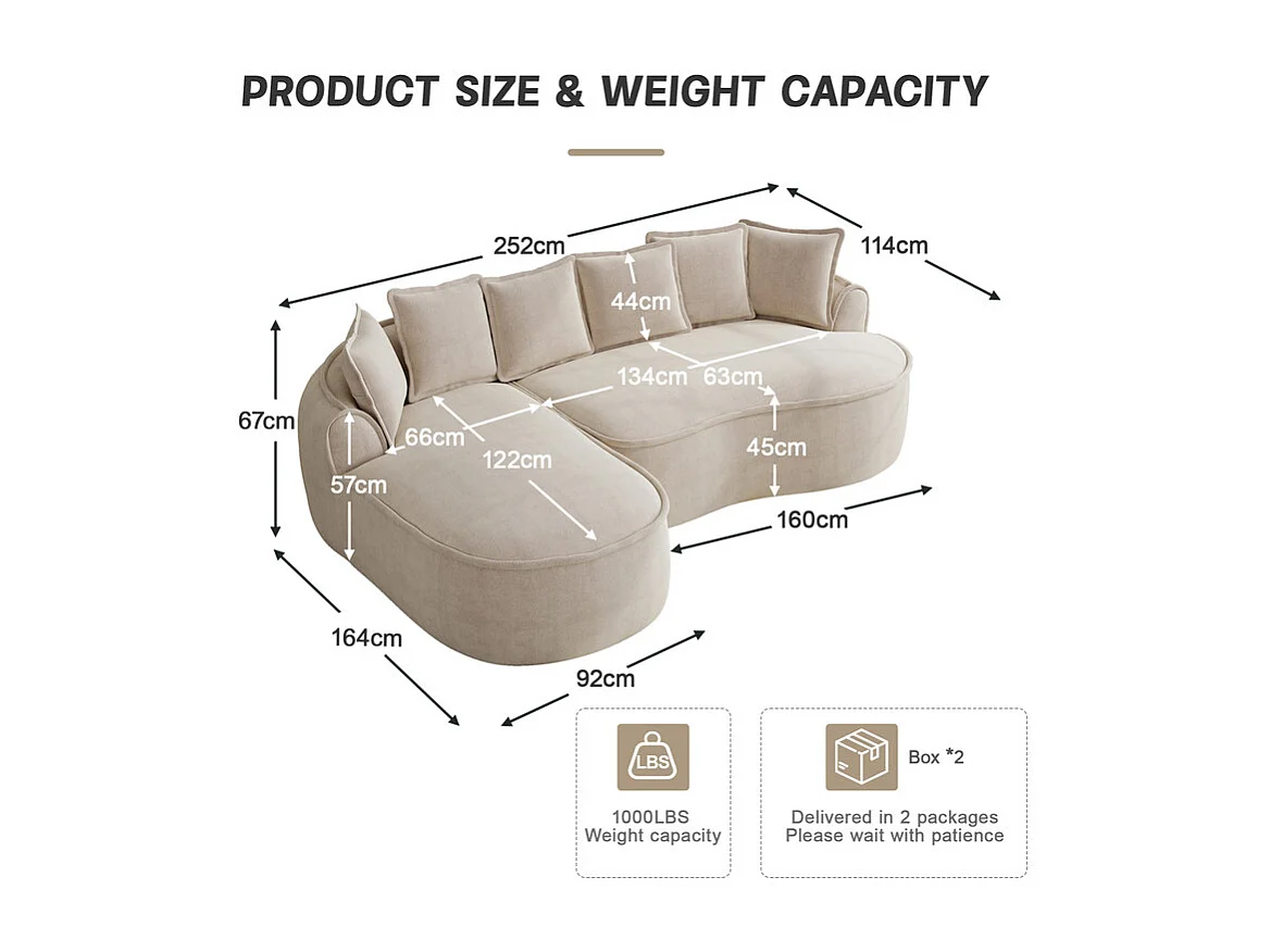 Canapé d'angle gauche modulable en tissu chenille, avec méridienne et coussins, 252x164x67cm, Beige