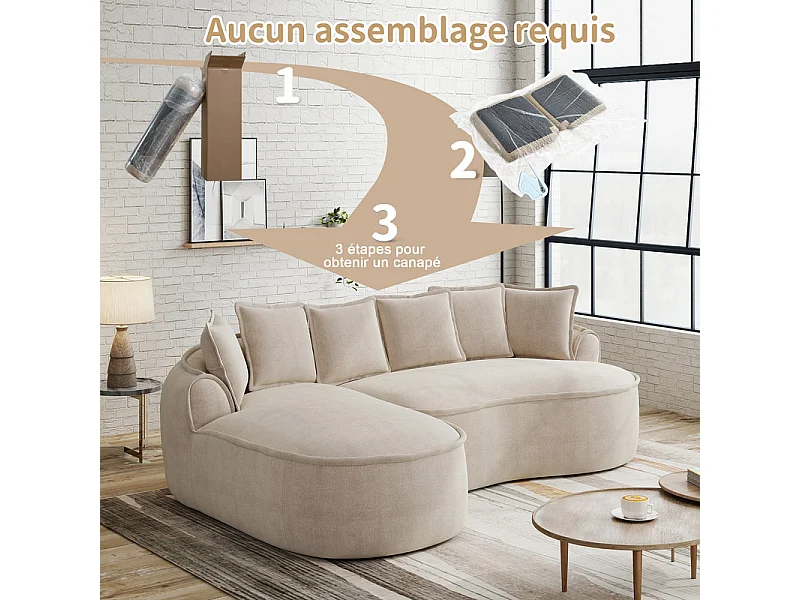 Canapé d'angle gauche modulable en tissu chenille, avec méridienne et coussins, 252x164x67cm, Beige