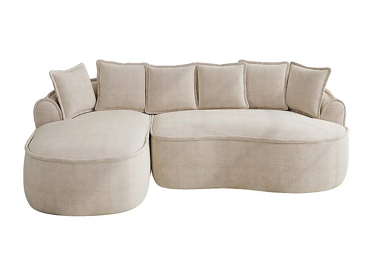 Canapé d'angle gauche modulable en tissu chenille, avec méridienne et coussins, 252x164x67cm, Beige