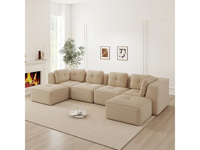 Canapé 4 places panoramique modulable, en velours côtelé, avec 2 pouf, 386x177x69cm, Beige