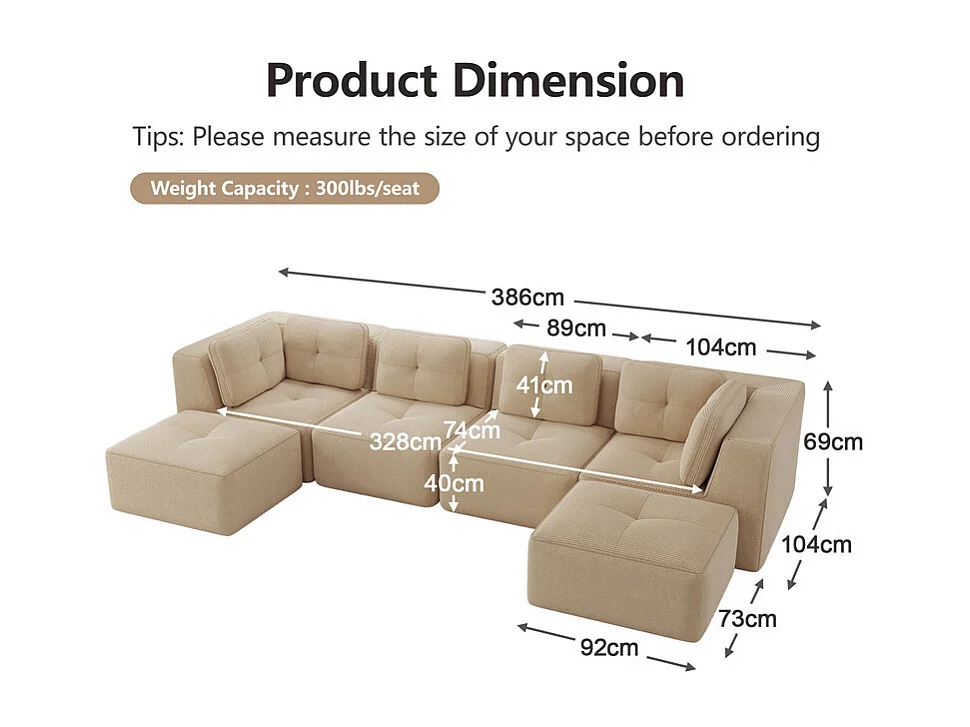 Canapé 4 places panoramique modulable, en velours côtelé, avec 2 pouf, 386x177x69cm, Beige
