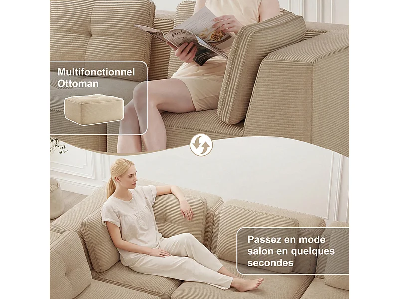 Canapé 4 places panoramique modulable, en velours côtelé, avec 2 pouf, 386x177x69cm, Beige