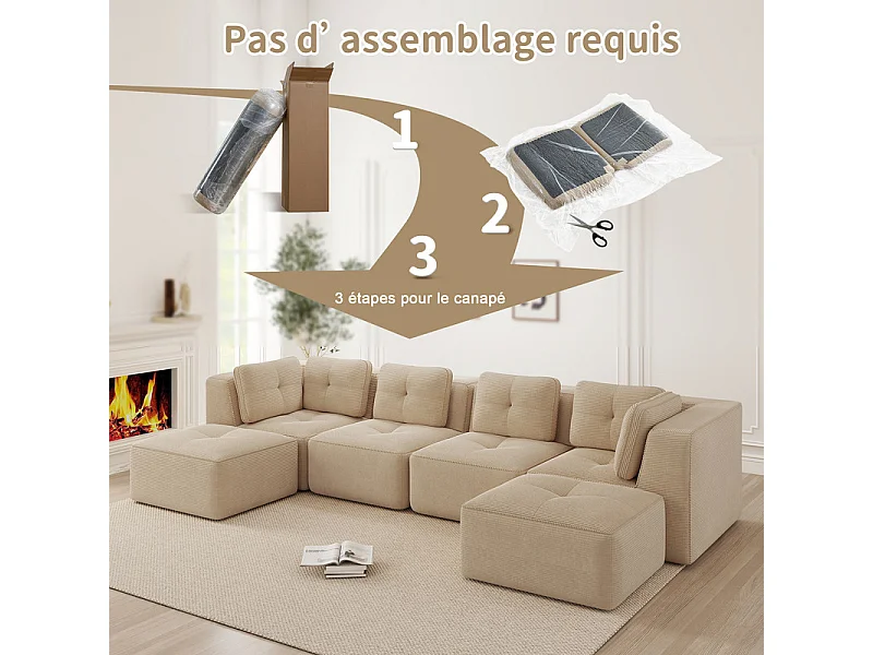 Canapé 4 places panoramique modulable, en velours côtelé, avec 2 pouf, 386x177x69cm, Beige