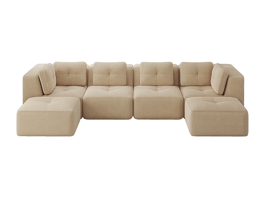 Canapé 4 places panoramique modulable, en velours côtelé, avec 2 pouf, 386x177x69cm, Beige