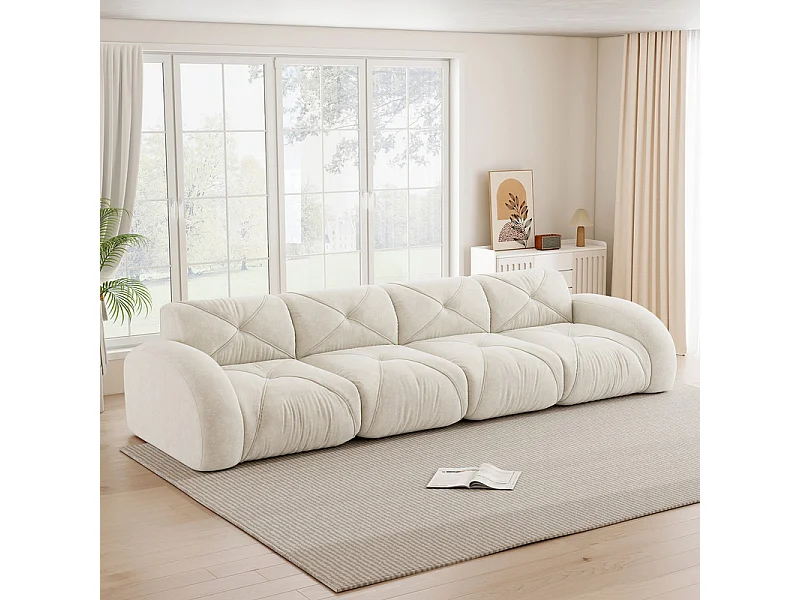 Canapé 4 places modulable en tissu chenille, 358x95x76cm, Blanc