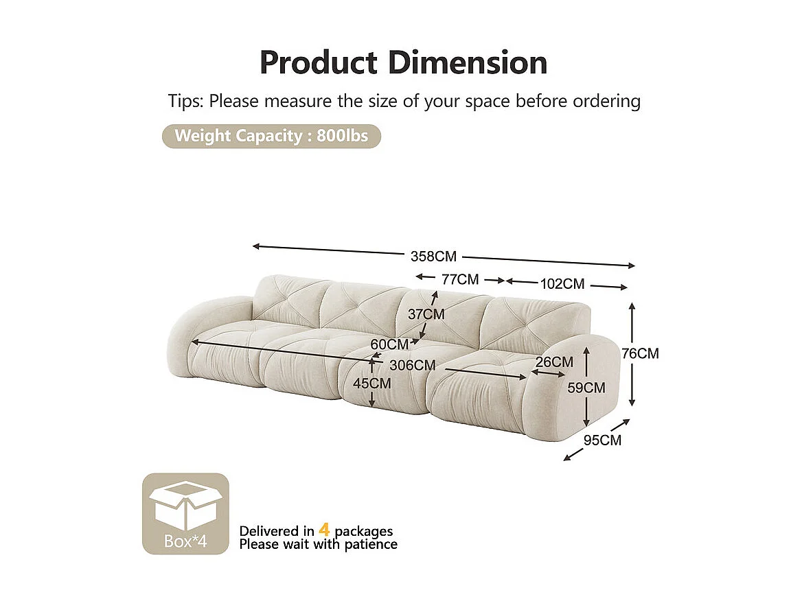 Canapé 4 places modulable en tissu chenille, 358x95x76cm, Blanc