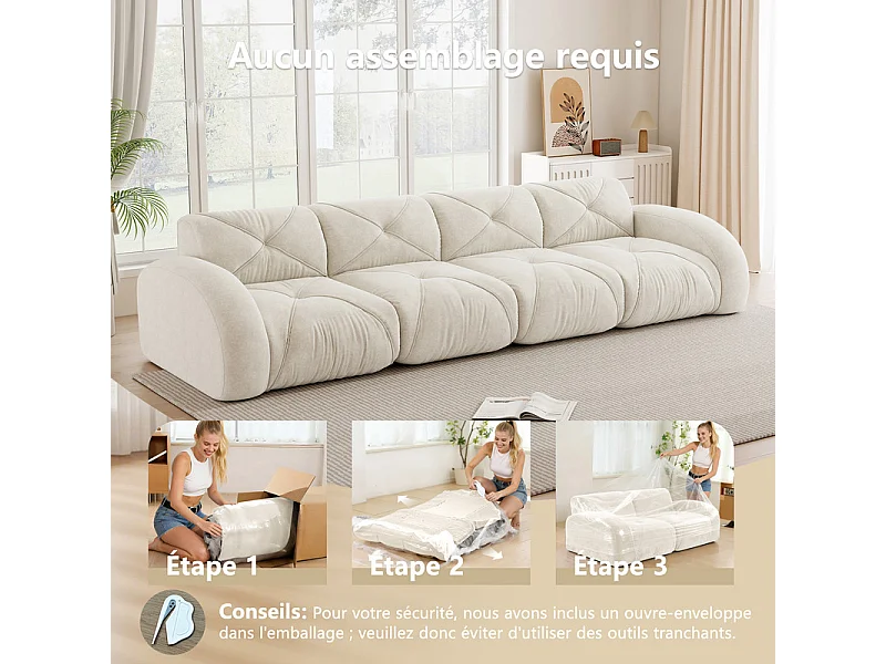 Canapé 4 places modulable en tissu chenille, 358x95x76cm, Blanc
