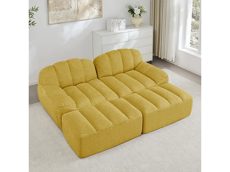 Canapé 2 places modulable en velours côtelé - avec 2 pouf - 68cm d'assise profonds - 210x165x79cm - Jaune