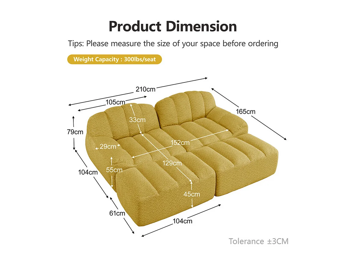 Canapé 2 places modulable en velours côtelé - avec 2 pouf - 68cm d'assise profonds - 210x165x79cm - Jaune