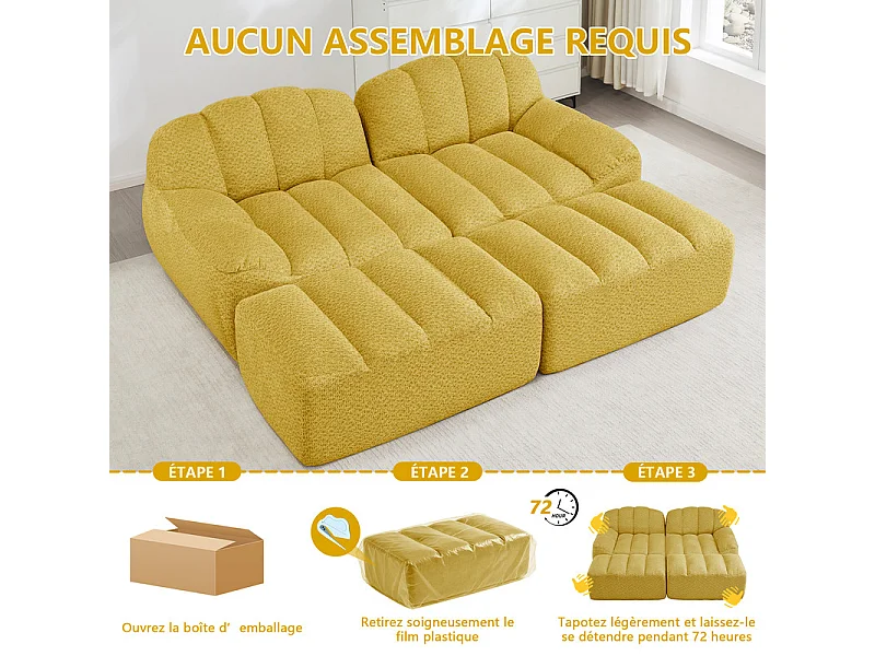 Canapé 2 places modulable en velours côtelé - avec 2 pouf - 68cm d'assise profonds - 210x165x79cm - Jaune