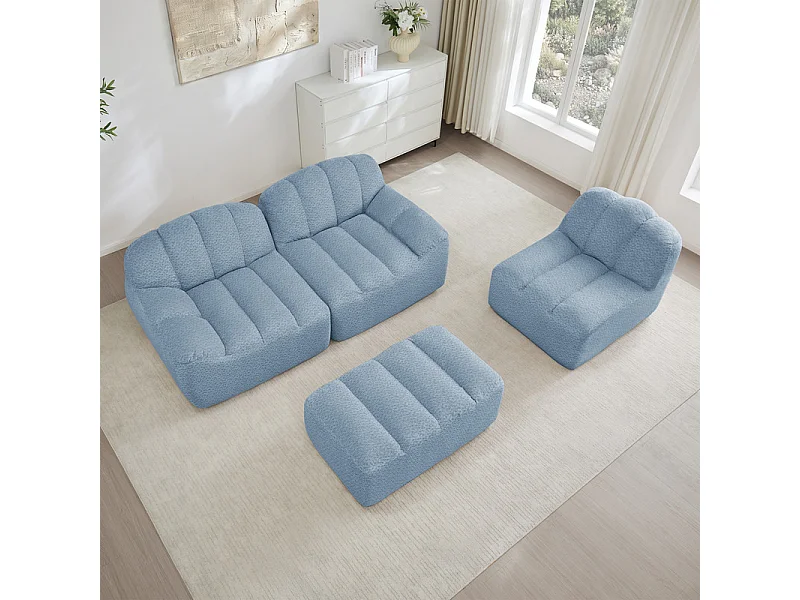 Canapé 3 places modulable en forme de L - avec pouf - velours côtelé - 288x165x79cm - Bleu